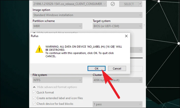 press ok to create a Windows 11 USB drive