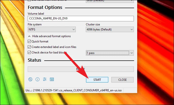 click on Start to create a Windows 11 USB key