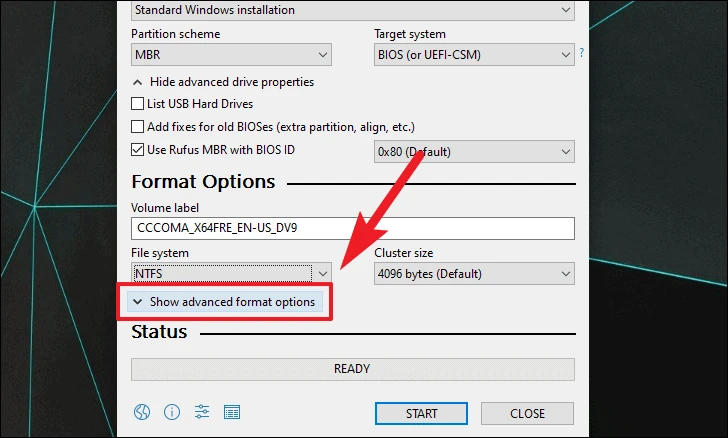 show advanced format options to create Windows 11 USB drive