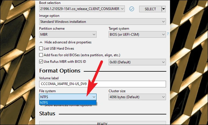 select file systems to create a Windows 11 USB drive