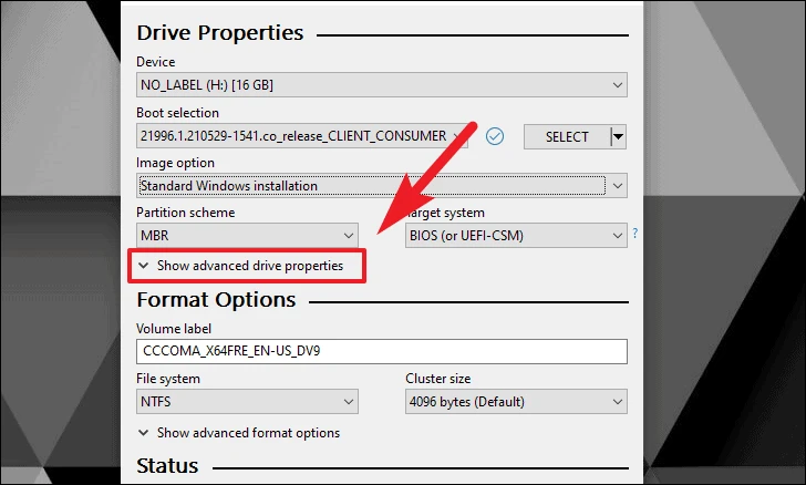 View advanced drive properties to create a Windows 11 USB drive