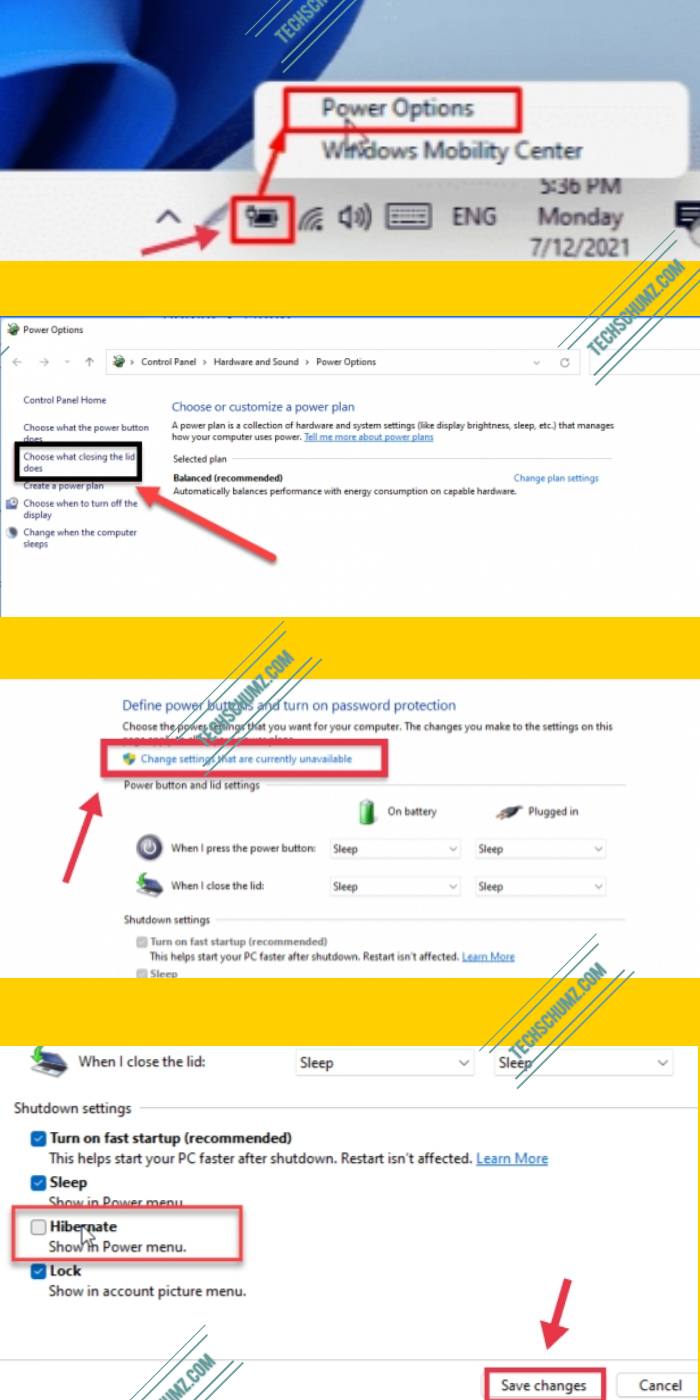 Disable hibernation in Windows 11 via the power options