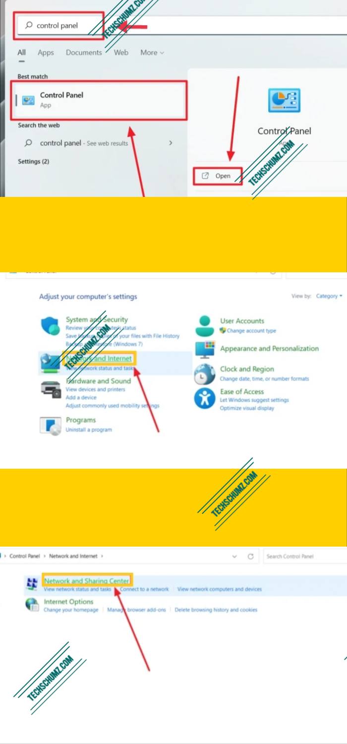 Control Panel, Network and Internet, and Network Sharing Center