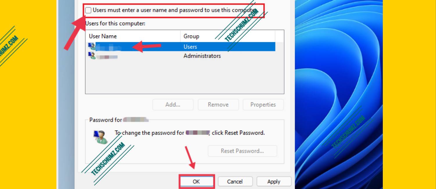 Remove the login password in Windows 11 through the user accounts window