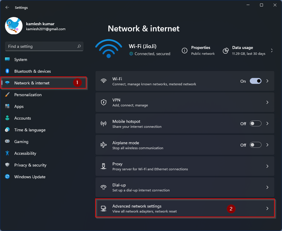 advance settings in ethernet status