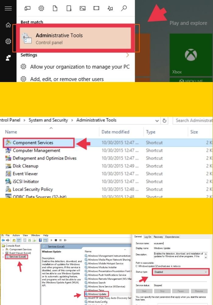 Turn off Windows Updates using Component Services