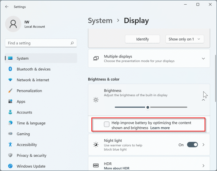 disable automatic screen brightness in Windows 11 pic3