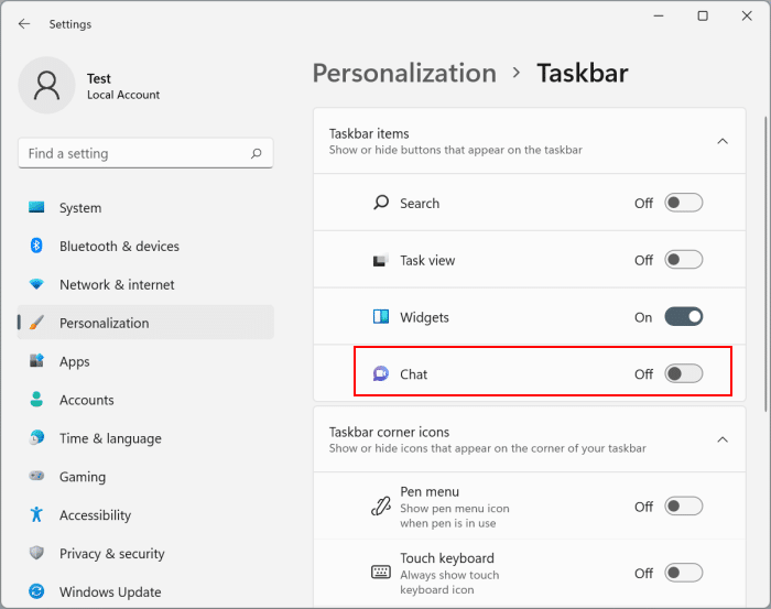remove chat icon from taskbar in Windows 11 pic2