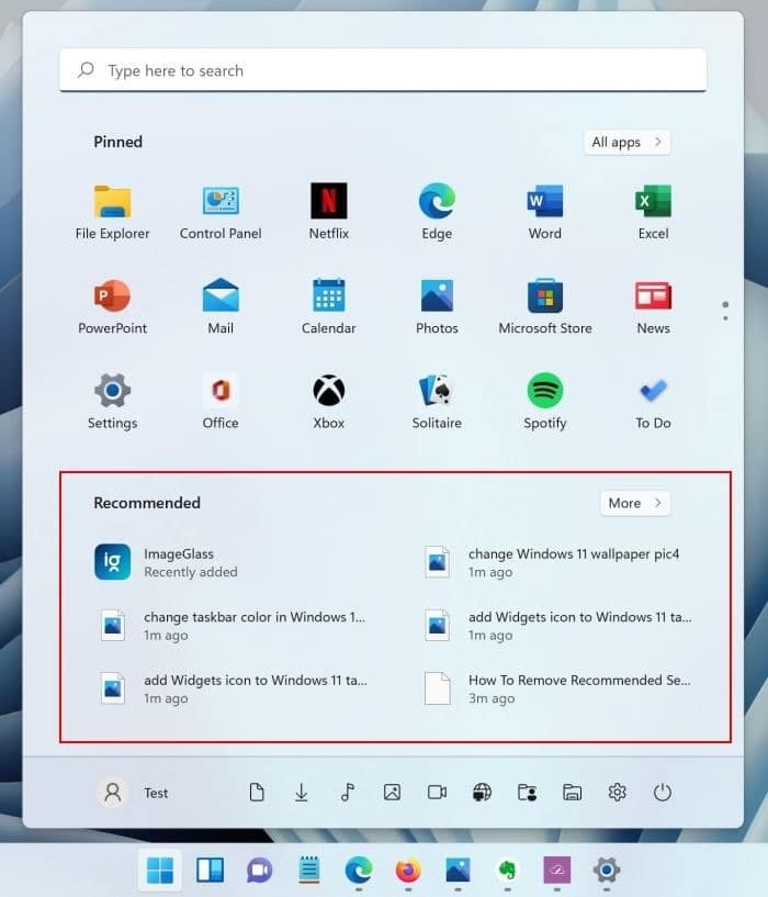remove recommended section from start menu in Windows 11 pic01